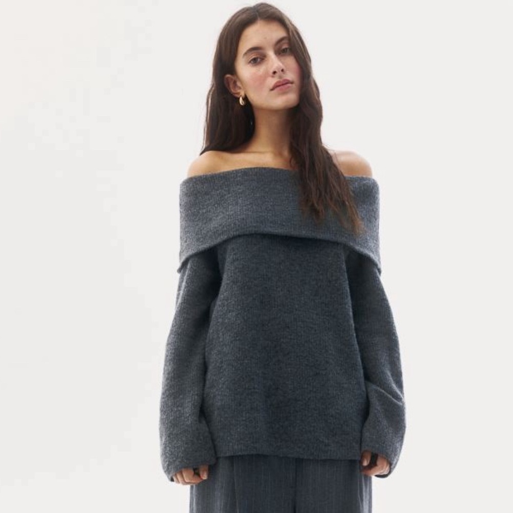 H&M Rib-Knit Off the Shoulder Sweater - Dark Grey